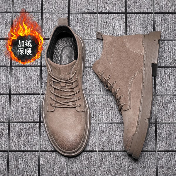 Martin Boots, Men's Winter Plush High Top Shoes, Genuine Leather, British Style Short Boots, Trendy Korean Version, Mid Cut Retro Work Boots
