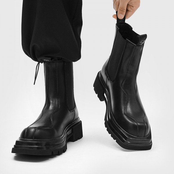  Autumn New British Style Business Mid Length Boots Thick Bottom Round Head Black Men's Casual Versatile Martin Boots