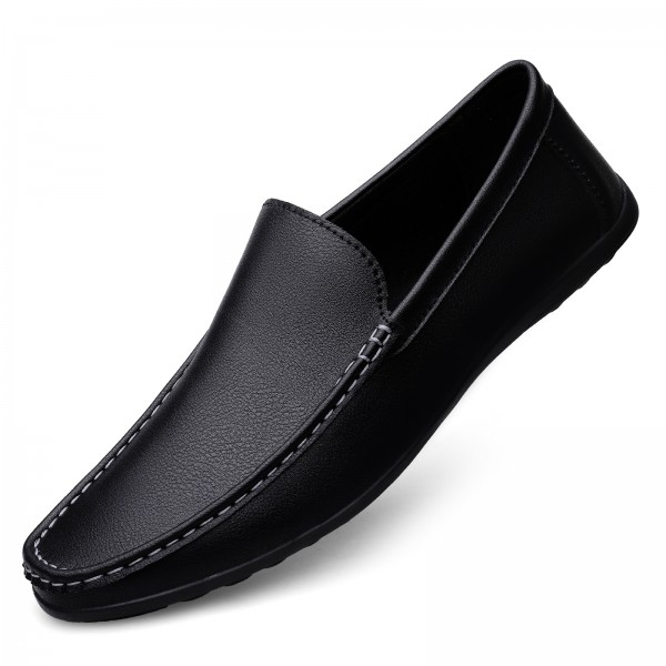  Autumn New Solid Color Trendy Casual Leather Shoes Fashionable And Simple Men's Casual Shoes Round Toe Flat Heel Bean Shoes