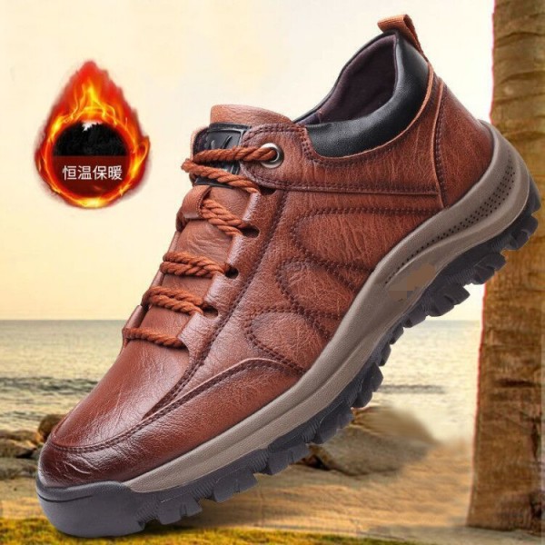 Sports Outdoor Trendy Shoes, Low Cut Casual Hiking Shoes, Men's Single Cotton 2023 New Casual Plush And Cotton Leather Shoes, Men's