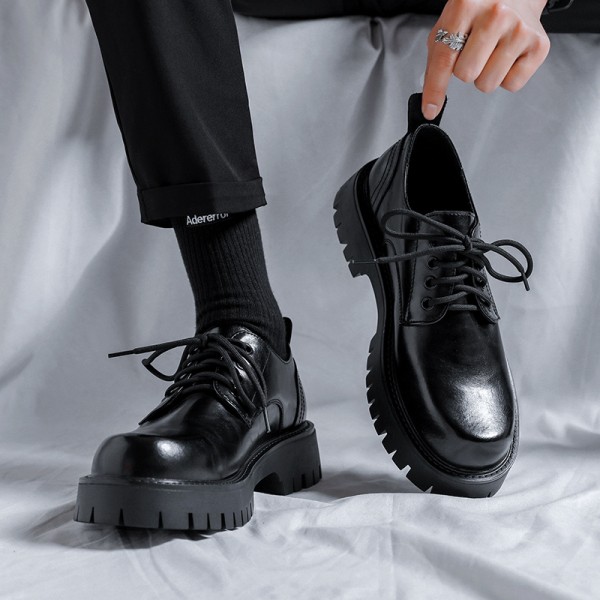 Men's Leather Shoes Spring British Thick Soled Casual Derby Shoes Men's Formal Wedding Black Low Cut Martin Boots 2135