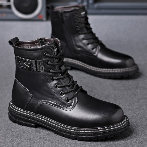 Winter Men's Martin Boots, Genuine Leather Work Clothes, Men's Shoes, High Cut Plush Cotton Shoes, Retro British Style, Top Layer Cowhide